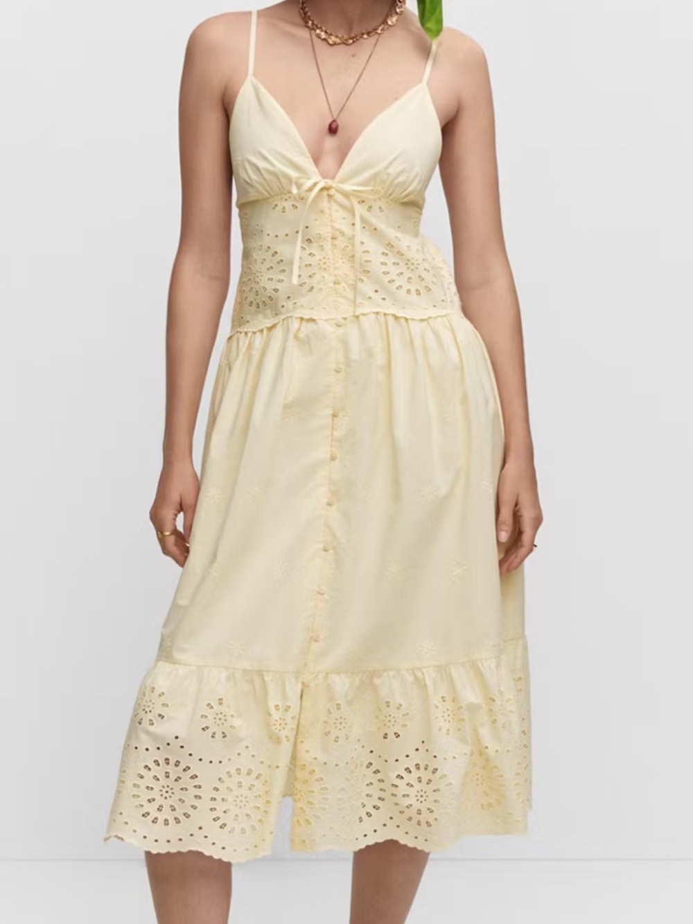 Yellow Eyelet Midi Sundress with Tie Front